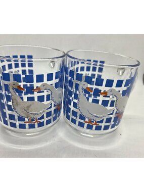 2 VTG Carlton 1982 Glass GOOSE  Mugs Blue Checkered  cottage core